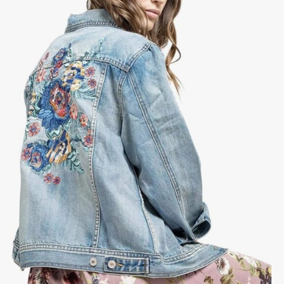 Blu Pepper Women's Floral Embroidery Denim Jacket - Picture 1 of 11